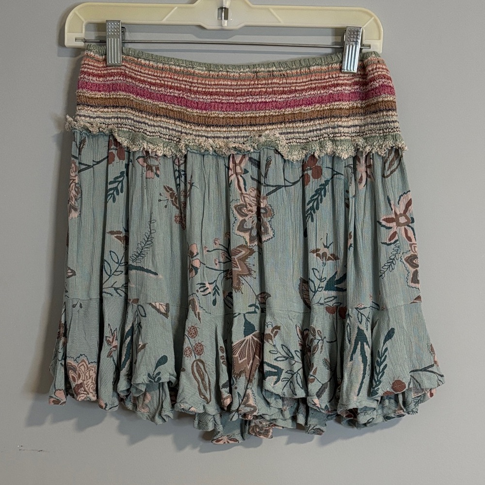 Anthropologie Postmark Floral‎ Smocked Mini Skirt Blue Boho Ruffle XS